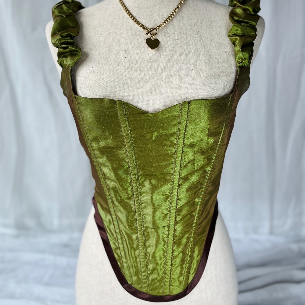 Olive Green Corset Top - Handmade Silk Dupioni Corset for Women